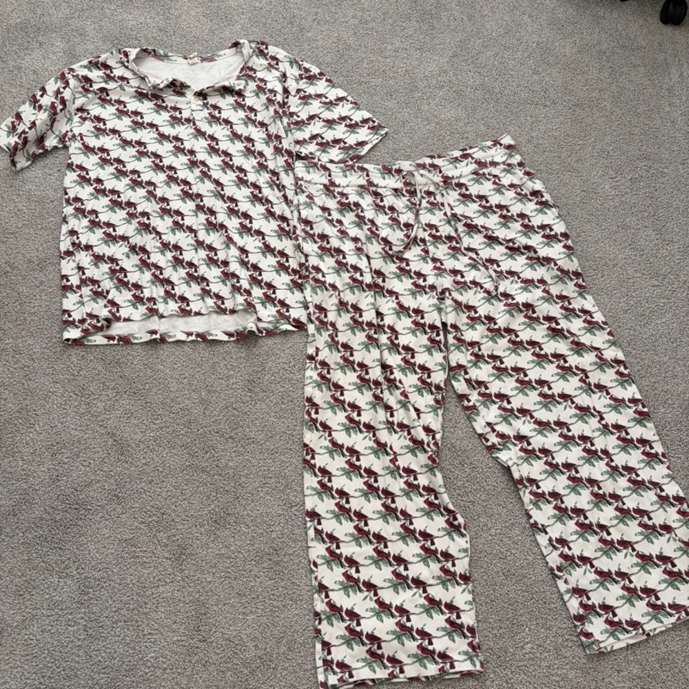 Kate Quinn Pajama Set Womens XXL White Red Christmas Cardinal BIrds Henley - Picture 1 of 12